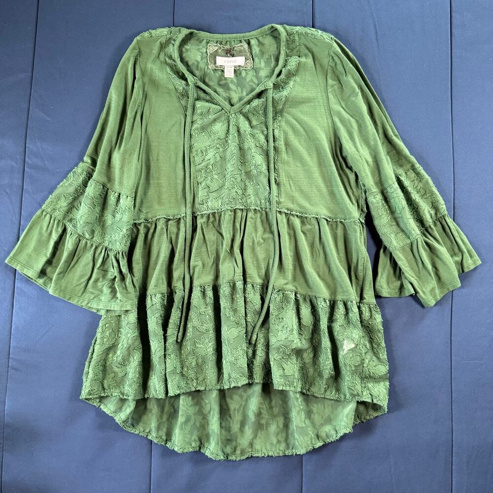 Cupio Green Lace Peplum Tunic Blouse Small Bell Sleeve Boho Top